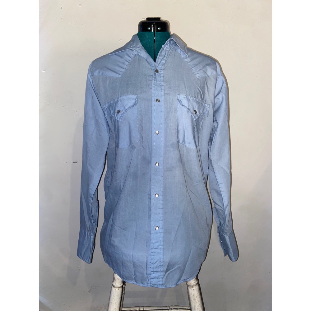 Vintage Ely Cattleman Mens Western Preppy Pearl Snap Shirt Light Blue Yoke 15 33